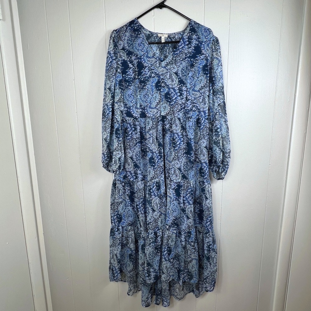 Joie Midi Dress Womens Medium Blue‎ Paisley Tiered Long Sleeve Chiffon High Low